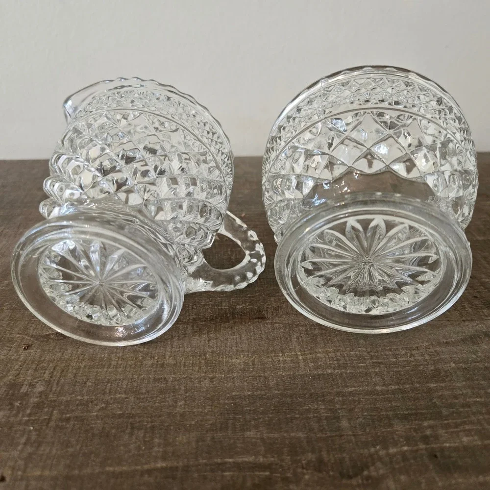 Vintage Clear Pressed Glass Creamer and Sugar Bowl Set Diamond Point Pattern